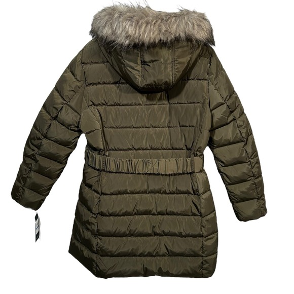 Tommy Hilfiger Women's Fur Mid-Length Puffer Hooded Belt Jacket XL Olive Green - Picture 4 of 7
